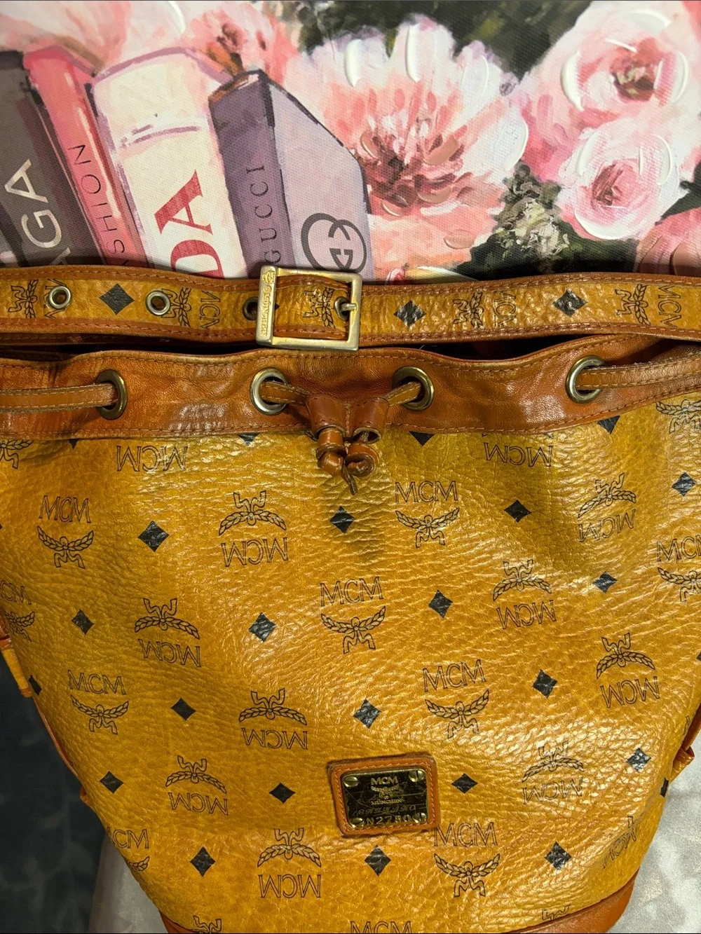 MCM Cognac Visetos Monogram Drawstring Crossbody Bucket Bag - Picture 7 of 7